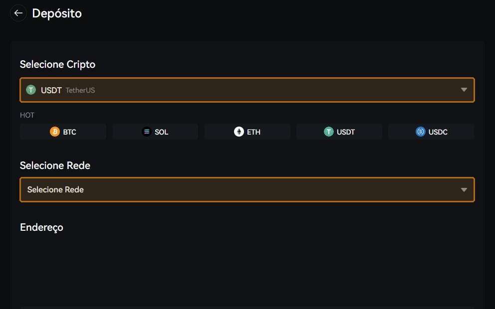 The deposit screen. The order of the fields is the order to fill them: coin first, then network — the address only appears at the end.