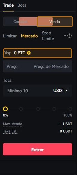 On the sell side the button turns red and the available balance is counted in the coin, not in dollars.