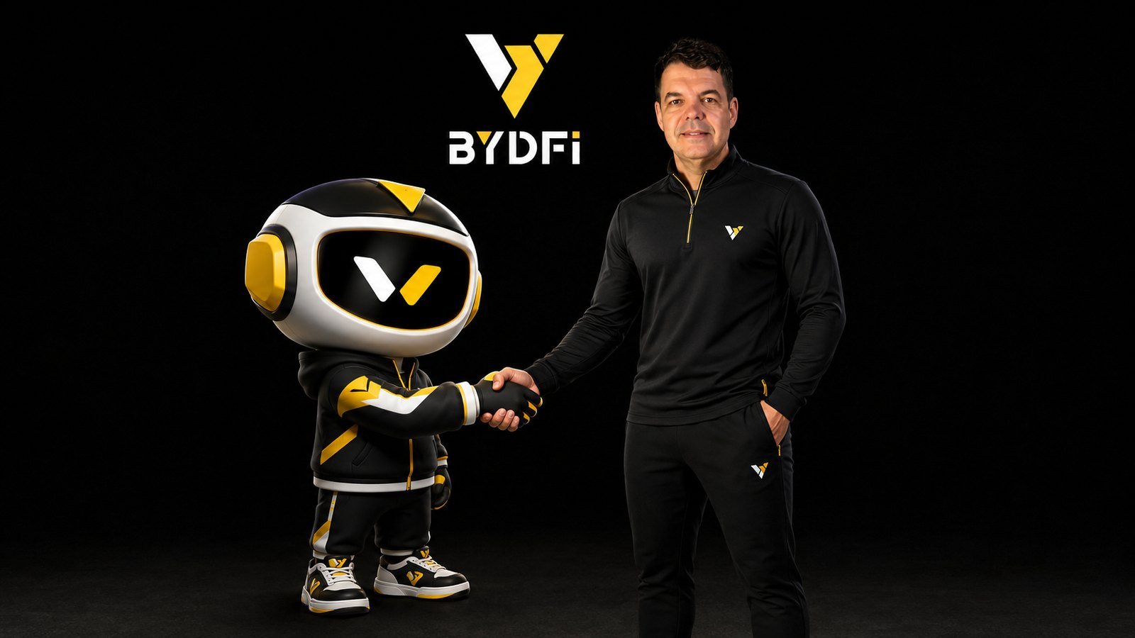 Renato Ulianov and the BYDFi mascot shaking hands